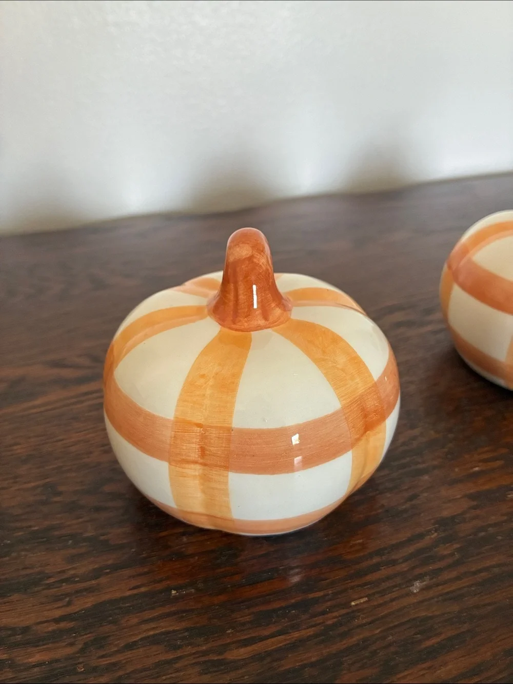 NWT- Decorative Ceramic Pumpkin Trio - White and Orange Plaid Stripe